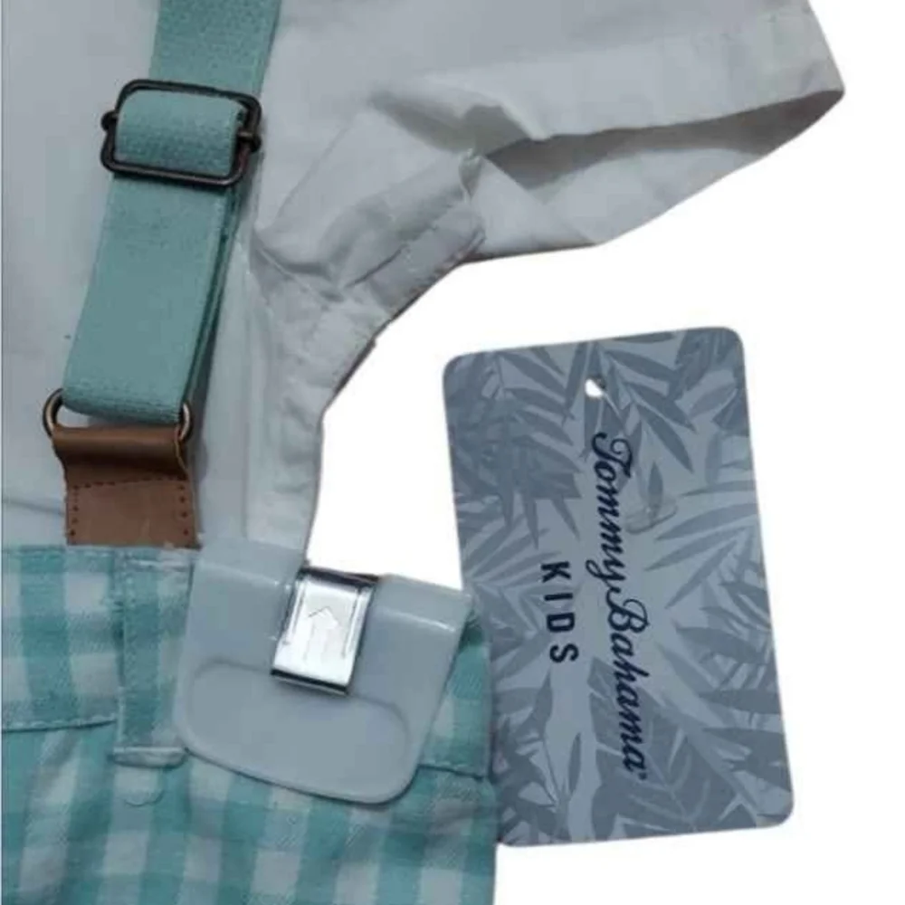 Tommy Bahama Kids Checkered Bow Tie And Suspenders Short Set - White and Blue